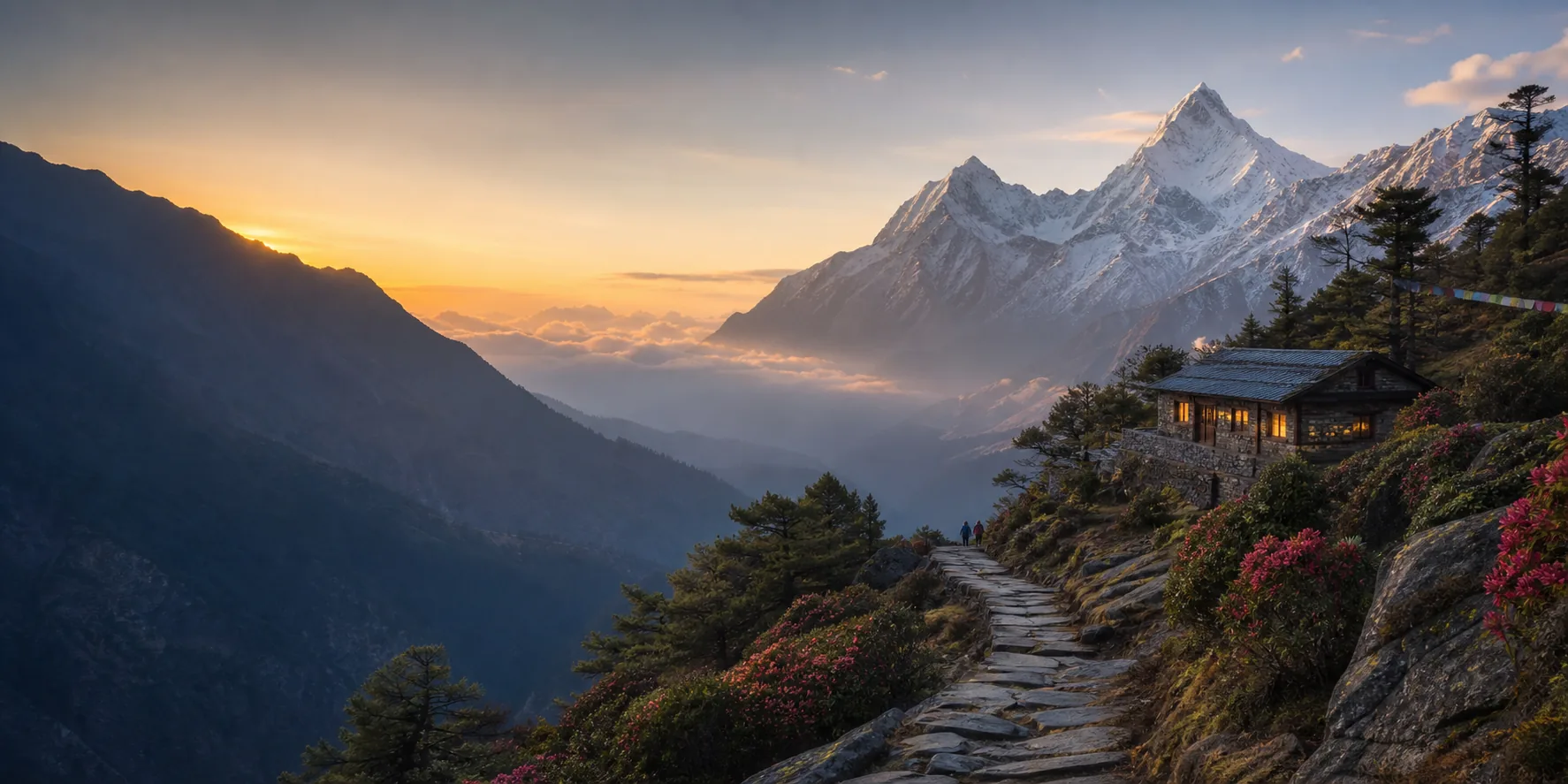 Sunrise over the Himalayan range with a Nepal trekking trail in the foreground