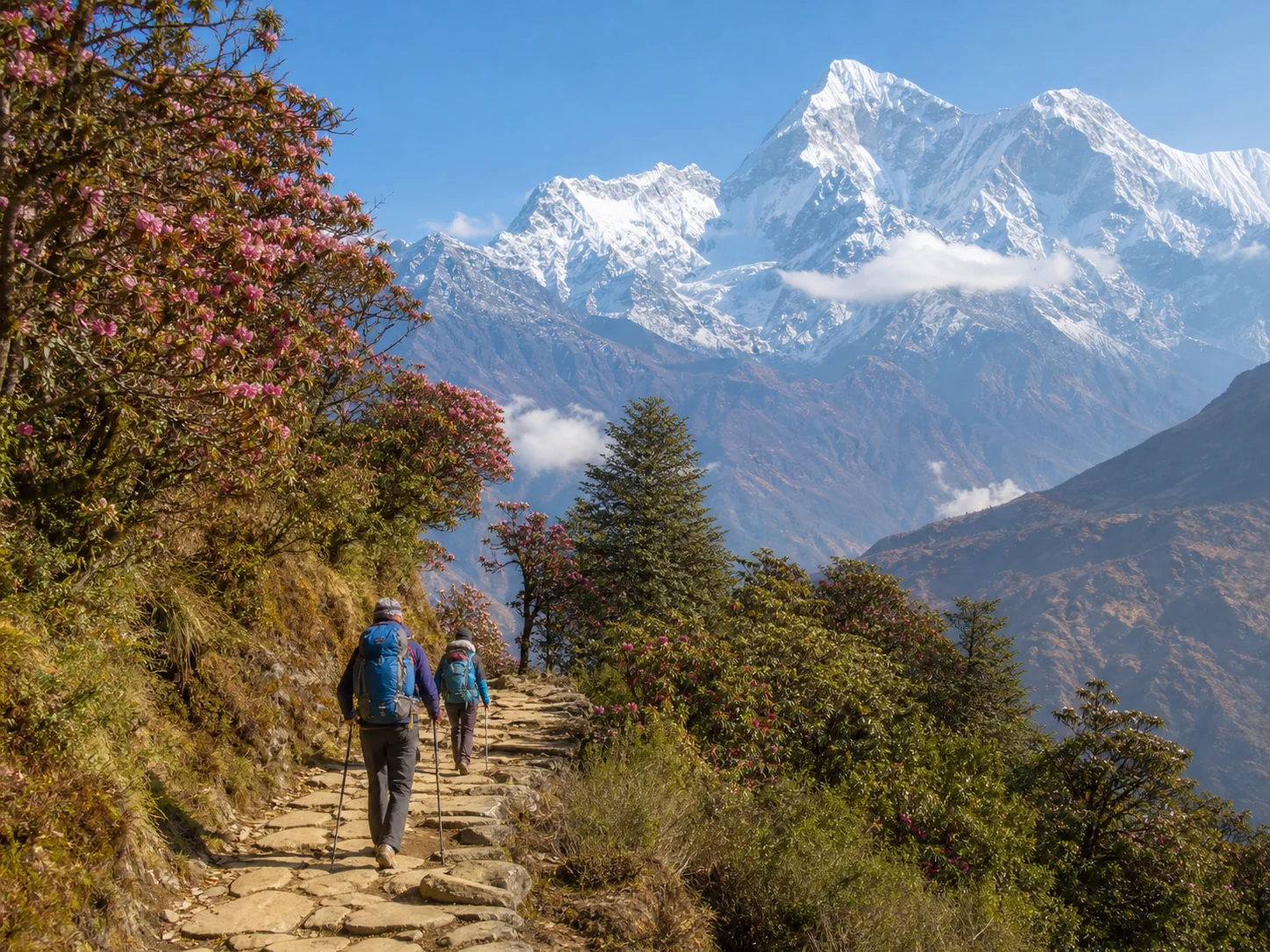 Trekkers on a Himalayan trail through rhododendron forest